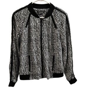 RENUAR JACKET, Womenโs Sz 8, Black & White Bomber w/ Striped Sleeves & Pockets.